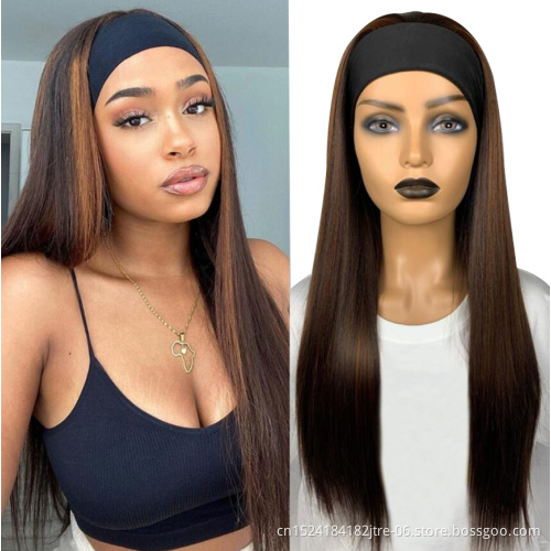 dropshipping heat resistant synthetic headband wig extention no comb with clips, half wig with headband attached white women